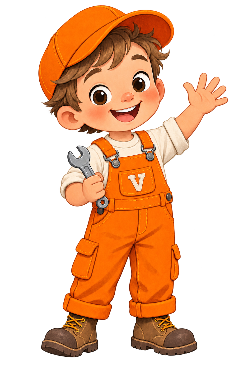 Young cartoon boy mechanic in orange overalls with a V patch on his pocket, waving and holding a wrench